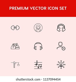 Modern, simple vector icon set on red background with exercise, lady, beautiful, headset, user, pretty, stereo, strength, fitness, roof, house, physical, modern, workout, delete, female, sport icons