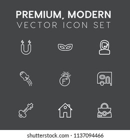 Modern, simple vector icon set on dark grey background with magnet, house, field, estate, home, attraction, magnetic, south, center, masquerade, transportation, delivery, fashion, thermometer icons