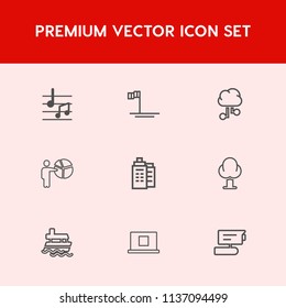 Modern, simple vector icon set on red background with camera, beach, video, business, web, melody, tv, ship, people, technology, musical, environment, building, music, profile, nature, mexico icons