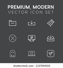 Modern, simple vector icon set on dark grey background with infographic, close, folder, white, archive, halloween, business, web, paperwork, ghost, film, template, office, internet, profile, no icons