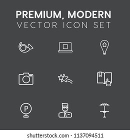 Modern, simple vector icon set on dark grey background with falling, open, technology, photo, instrument, orchestra, car, digital, light, travel, table, cafe, account, bar, trumpet, equipment icons