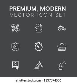 Modern, simple vector icon set on dark grey background with game, contact, sea, strategy, property, communication, boat, time, market, book, store, sale, shop, space, online, transport, law icons