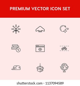 Modern, simple vector icon set on red background with air, white, phone, cycle, transportation, upload, fly, skydiving, parachuting, digital, web, communication, internet, parachute, global, map icons