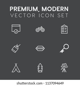Modern, simple vector icon set on dark grey background with transportation, travel, sign, approve, sport, tick, camera, wheel, nature, mark, adventure, outdoor, environment, house, hamburger icons