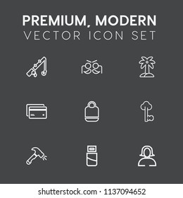 Modern, simple vector icon set on dark grey background with card, usb, decoration, leaf, leather, fish, palm, style, plastic, lady, construction, festival, plug, vintage, shovel, money, hook icons