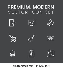 Modern, simple vector icon set on dark grey background with cart, musical, door, clinic, sign, sos, transportation, retail, fire, safety, cycle, alarm, ring, health, vision, bicycle, glasses icons