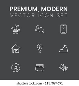 Modern, simple vector icon set on dark grey background with double, home, blue, paris, account, landmark, web, mountain, stop, coaxial, tv, pin, cord, architecture, mobile, france, europe, bed icons