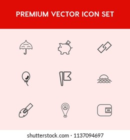 Modern, simple vector icon set on red background with rain, hyperlink, construction, sunrise, money, balloon, link, weather, flag, piggy, nation, pin, banking, travel, pig, parasol, celebration icons