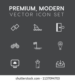 Modern, simple vector icon set on dark grey background with hyperlink, location, cloud, wheel, health, tower, door, baja, map, europe, download, famous, drink, clean, cycle, beach, sport, arrow icons