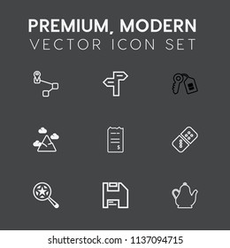 Modern, simple vector icon set on dark grey background with gps, sky, hot, game, arrow, way, road, white, kettle, marker, domino, location, diskette, house, mountain, safe, row, point, paper icons