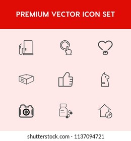 Modern, simple vector icon set on red background with button, pump, health, internet, real, horse, touch, service, technology, concept, station, strategy, camera, medicine, chessboard, petroleum icons
