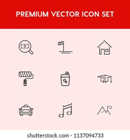 Modern, simple vector icon set on red background with transport, school, cortes, university, cocktail, baja, internet, estate, web, music, concept, drink, sound, nature, mexico, glass, summer icons