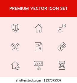 Modern, simple vector icon set on red background with hour, security, play, time, cancel, internet, game, house, white, building, file, office, domino, real, increase, musical, shield, paper icons