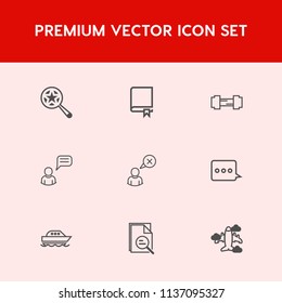 Modern, simple vector icon set on red background with web, ocean, boat, magnifying, study, school, zoom, find, fitness, active, look, person, online, gym, sport, knowledge, airplane, profile icons