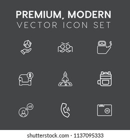 Modern, simple vector icon set on dark grey background with leather, technology, kitchen, celebration, work, hot, carnival, interior, paper, computer, cardboard, mobile, business, home, space icons