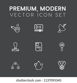Modern, simple vector icon set on dark grey background with satellite, personal, envelope, communication, identity, object, search, id, hierarchy, hot, paper, old, antique, antenna, interface icons