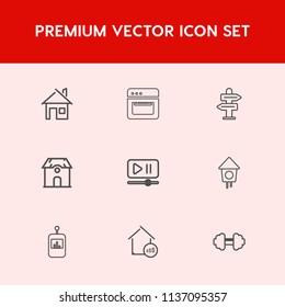 Modern, simple vector icon set on red background with cook, arrow, property, food, business, video, kitchen, oven, price, hot, web, road, media, bird, sport, real, building, choice, architecture icons