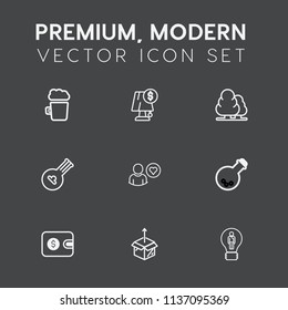Modern, simple vector icon set on dark grey background with foam, bar, creative, box, pub, technology, money, profile, concept, laboratory, environment, package, folk, equipment, business, glass icons