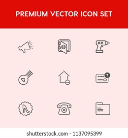 Modern, simple vector icon set on red background with cell, cash, currency, fashion, file, musical, loudspeaker, drill, audio, money, banking, frame, folk, apartment, removal, loud, paper, house icons