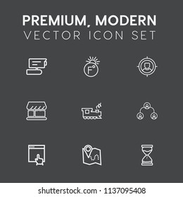 Modern, simple vector icon set on dark grey background with pin, degree, target, sand, safe, camera, security, transportation, travel, fahrenheit, hour, scale, click, internet, concept, shop, tv icons