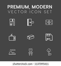 Modern, simple vector icon set on dark grey background with brick, metal, escape, health, key, sign, home, lock, tooth, chair, exit, domestic, tv, emergency, video, ironing, building, football icons