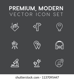 Modern, simple vector icon set on dark grey background with food, accounting, pin, palm, direction, summer, money, meat, marker, internet, sound, biology, choice, finance, stereo, nature, hot icons