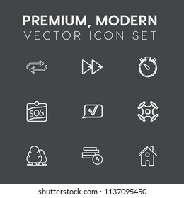 Modern, simple vector icon set on dark grey background with person, environment, chat, house, nature, man, estate, cash, helicopter, timer, player, architecture, music, professional, technology icons