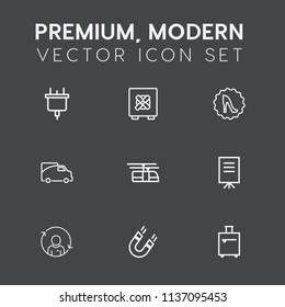 Modern, simple vector icon set on dark grey background with electricity, power, finance, outlet, lock, electric, security, energy, luggage, cable, transportation, traffic, suitcase, bag, meeting icons