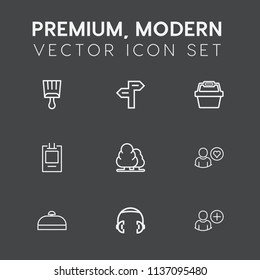 Modern, simple vector icon set on dark grey background with music, online, environment, choice, suitcase, grunge, trip, street, texture, banner, element, arrow, add, white, paintbrush, basket icons