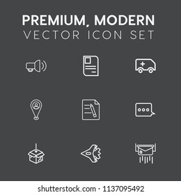 Modern, simple vector icon set on dark grey background with map, transport, web, communication, care, navigation, speech, business, document, contract, message, upload, location, rescue, package icons