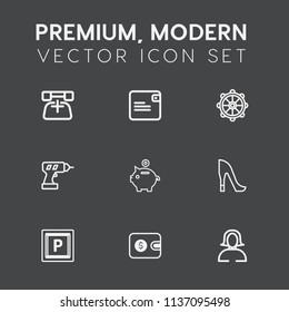 Modern, simple vector icon set on dark grey background with cash, wallet, rudder, dollar, finance, female, modern, call, face, travel, road, purse, machine, lady, vehicle, transport, high, bank icons