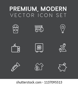 Modern, simple vector icon set on dark grey background with dumper, screen, trumpet, lorry, dump, cappuccino, tv, sale, heavy, investment, tipper, cargo, transport, morning, video, musical, shop icons