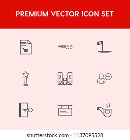 Modern, simple vector icon set on red background with account, audio, store, paper, grocery, door, medal, baja, hobby, music, market, bowl, note, hit, vintage, supermarket, banner, strike, blue icons