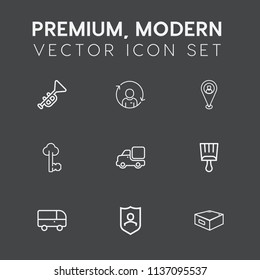 Modern, simple vector icon set on dark grey background with shield, lock, lorry, profile, bugle, report, musical, bus, paintbrush, sound, man, vehicle, rotation, paint, road, orchestra, protect icons