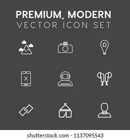 Modern, simple vector icon set on dark grey background with hill, coaxial, camp, cosmonaut, panorama, location, subscription, pin, space, headset, link, blue, digital, internet, photo, mountain icons