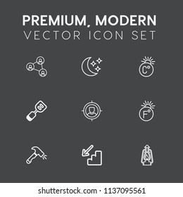 Modern, simple vector icon set on dark grey background with construction, down, lantern, communication, spatula, kitchen, equipment, moonlight, temperature, marketing, tool, sky, concept, mobile icons