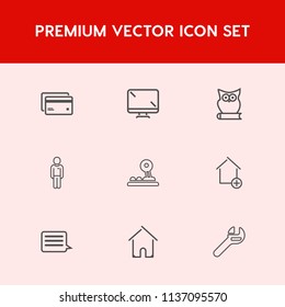 Modern, simple vector icon set on red background with credit, arrow, repair, spanner, animal, tool, man, male, white, banking, equipment, apartment, technology, payment, bird, estate, building icons