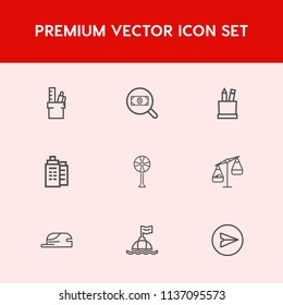 Modern, simple vector icon set on red background with fashion, balance, building, school, white, work, email, pencil, object, cooler, equipment, paper, internet, box, measurement, education, cap icons