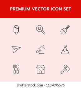Modern, simple vector icon set on red background with blue, guitar, home, spoon, summer, account, key, ice, fork, cone, estate, mountain, construction, tool, kitchen, email, food, restaurant icons