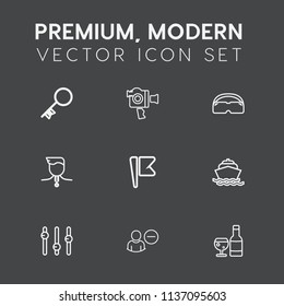 Modern, simple vector icon set on dark grey background with media, boat, professional, wine, sign, camcorder, unlock, security, winner, glass, lens, success, competition, account, key, film, sea icons