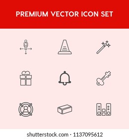 Modern, Simple Vector Icon Set On Red Background With Up, Building, Arrow, Present, Wizard, Staircase, Sign, Alarm, Gift, Package, Key, Door, Customer, Notification, Box, Vintage, Road, Giftbox Icons