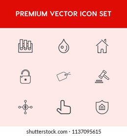 Modern, simple vector icon set on red background with science, investment, construction, transparent, test, rain, pointer, analysis, business, estate, wet, liquid, tag, protect, finance, drop icons