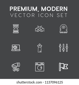 Modern, simple vector icon set on dark grey background with cartoon, time, famous, music, minute, laundry, architecture, glass, communication, internet, party, gramophone, call, monster, clean icons