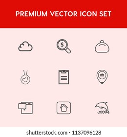 Modern, simple vector icon set on red background with delivery, website, ocean, estate, technology, sign, love, web, object, cloud, dolphin, search, internet, chat, style, location, shipping icons
