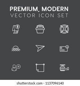 Modern, simple vector icon set on dark grey background with message, user, finance, helicopter, targeting, store, interior, lamp, management, money, transport, office, electric, customer, sign icons