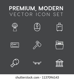 Modern, simple vector icon set on dark grey background with folder, greek, greece, balloon, hammer, screwdriver, high, click, paper, cheque, board, office, transportation, trip, device, mouse icons