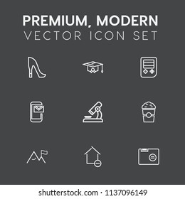 Modern, simple vector icon set on dark grey background with drink, high, microscope, blank, college, school, phone, nature, achievement, education, property, removal, woman, laboratory, style icons