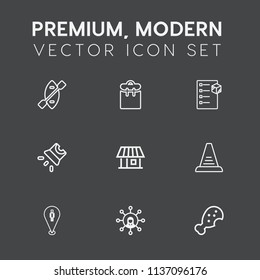 Modern, simple vector icon set on dark grey background with food, house, professional, meal, sport, map, boat, projection, communication, screen, white, fast, home, oar, up, package, technology icons