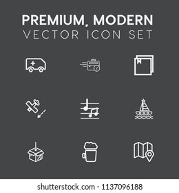 Modern, simple vector icon set on dark grey background with late, office, care, night, medical, plane, drink, ambulance, musical, beer, note, map, boat, file, emergency, flight, document, bar icons