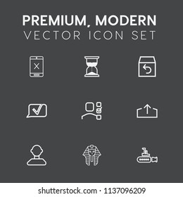 Modern, simple vector icon set on dark grey background with culture, ocean, clock, coaxial, chat, delivery, sand, hourglass, download, personal, order, task, shipping, marine, wire, cancel, sea icons